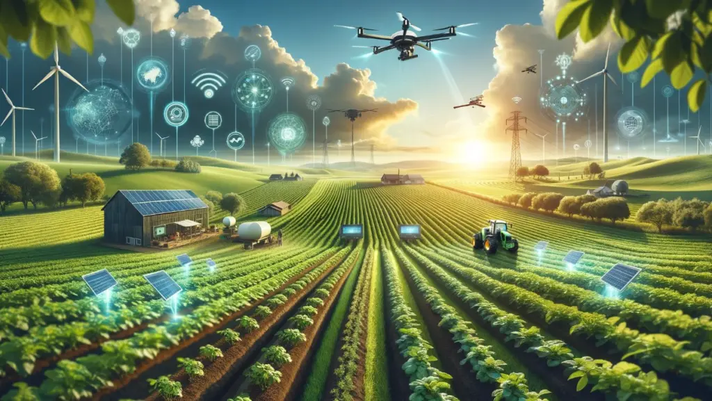 Illustration showing crop rows monitored by drones and sensors